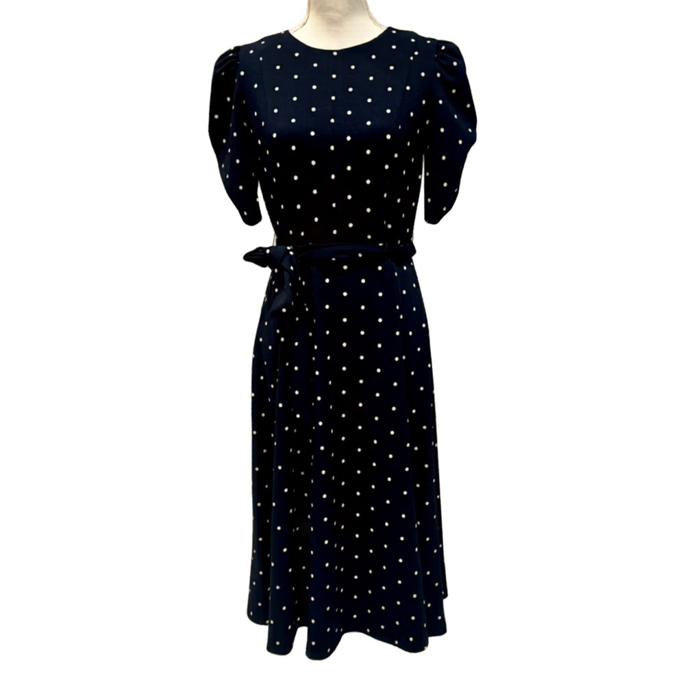 NWT DKNY Navy Blue & White Polka Dot A-Line Midi Dress- Puff Sleeves -Belted (8)